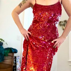 Berry red paillette sequined covered silk gown with beaded edges. Size large
